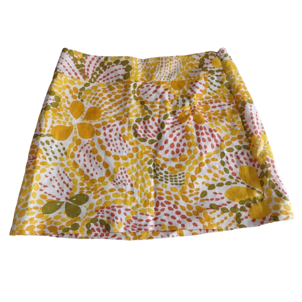 J. Crew Size 6 100% Linen Yellow Boho Print Mini Skirt With Pockets